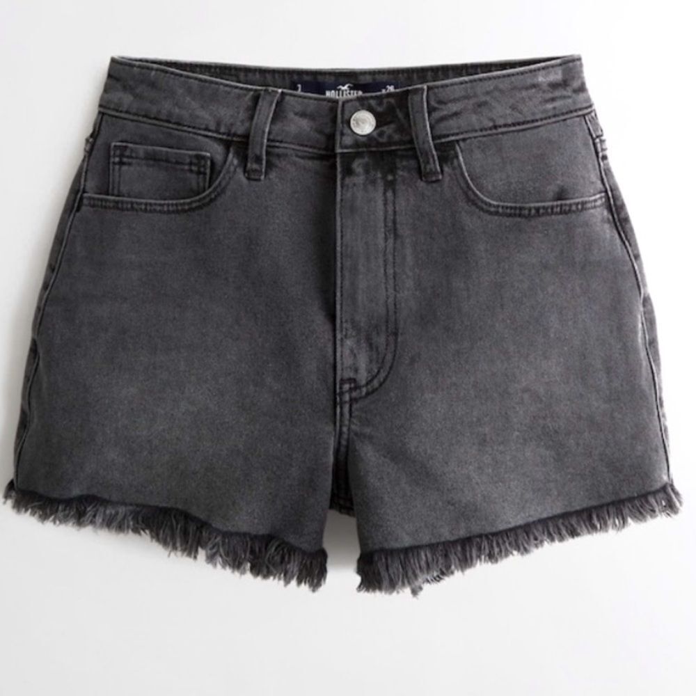 Hollister Women's High Waist Frayed Hem Denim Shorts - Charcoal Gray